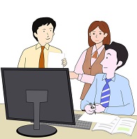 PCの前で会話をしているイラスト