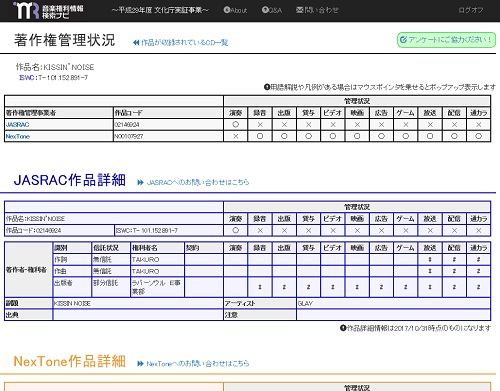 音楽権利情報検索ナビの管理情報