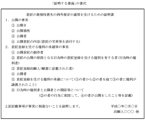 意匠の新規性喪失の例外規定の適用を受けるための証明書の書式例