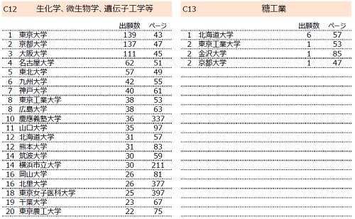 Technical Field Ranking IPC技術分野別出願動向ランキング順の表