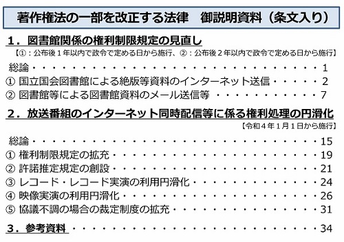 著作権法の一部を改正する法律　ご説明資料（条文入り）の表紙