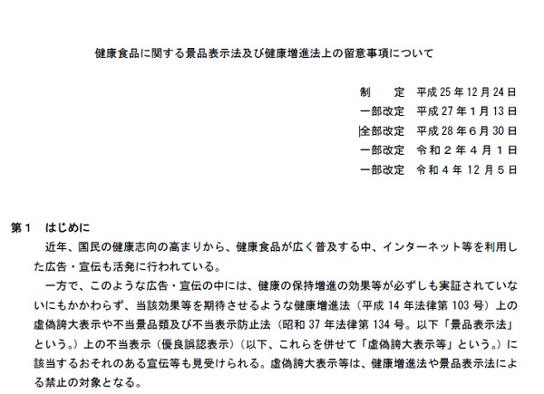 健康食品に関する景品表示法及び健康増進法上の留意事項についての書き出し