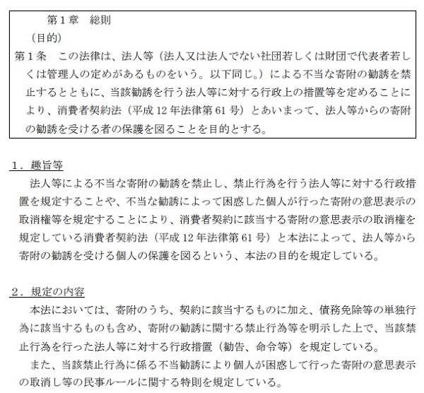 法人等による寄附の不当な勧誘の防止等に関する法律・逐条解説　第1条