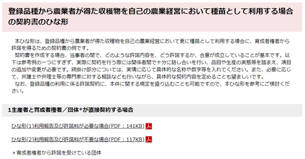 登録品種から農業者が得た収穫物を自己の農業経営において種苗として利用する場合の契約書のひな形　トップ画像